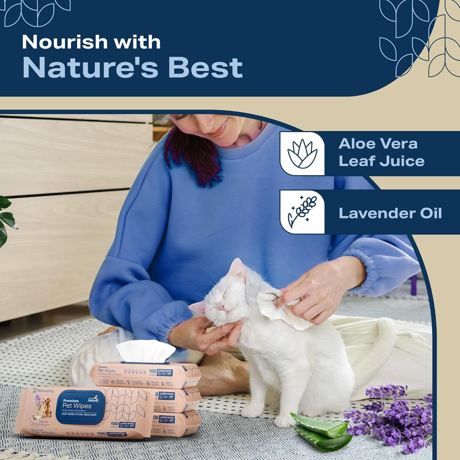 Highlights the natural ingredients in the pet wipes to reassure shoppers that the product is gentle and nourishing for their pets.