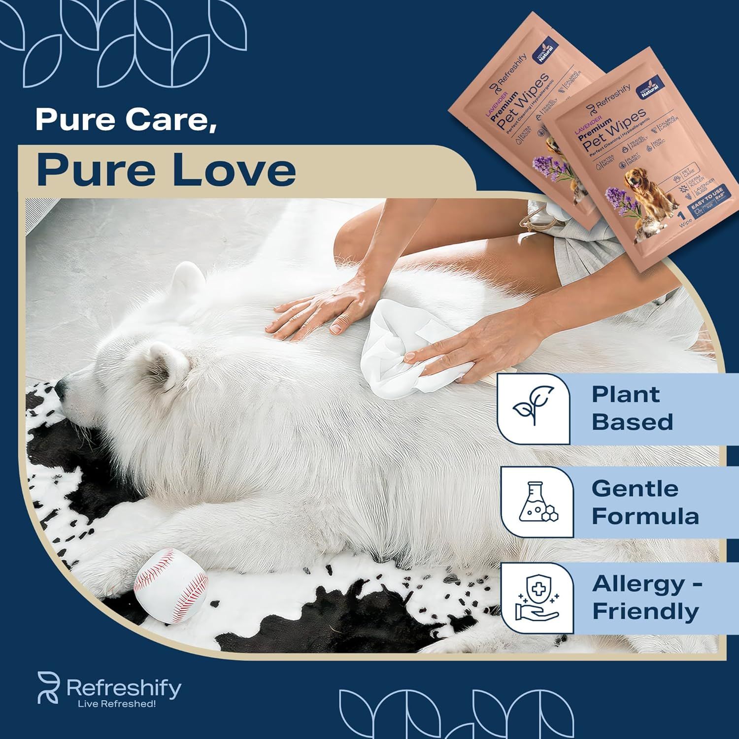 Communicates multiple key benefits of the pet wipes—plant-based ingredients, gentle formulation, and allergy-friendly properties—to reassure pet owners about…