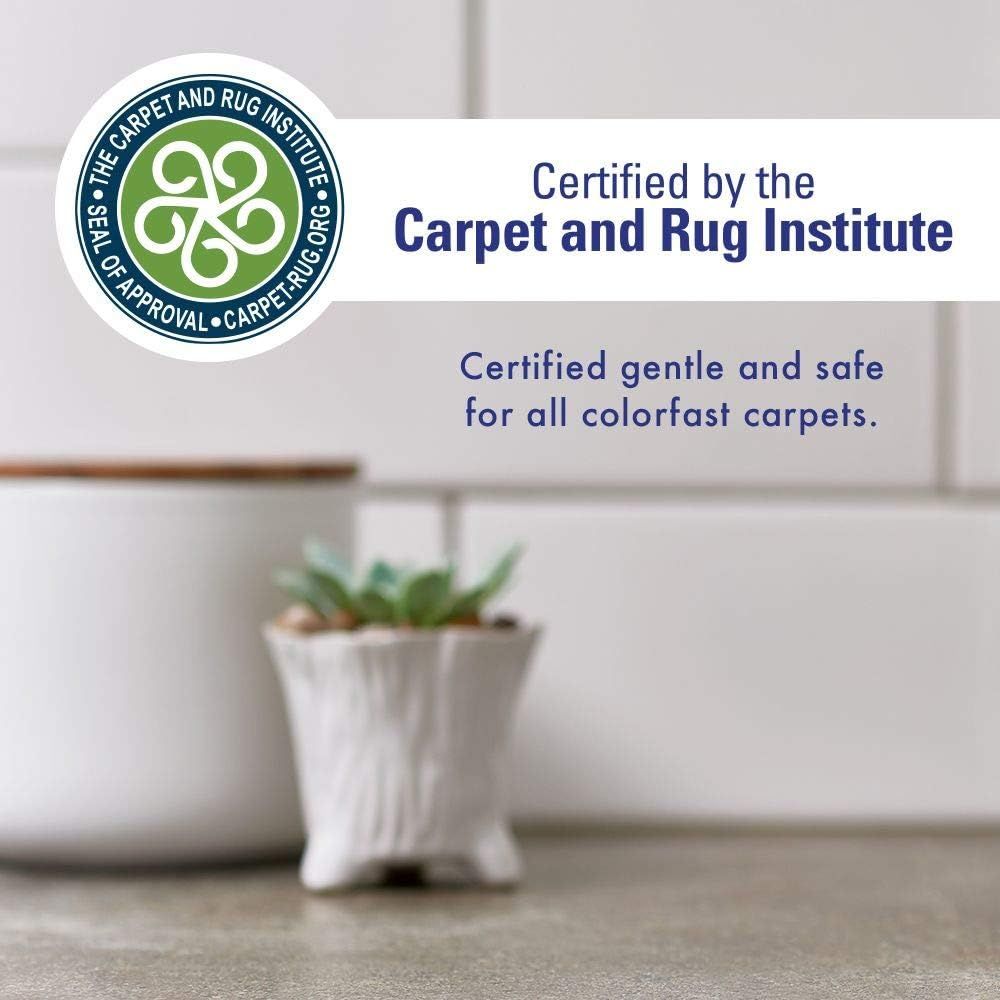 Communicates third-party certification from the Carpet and Rug Institute to reassure shoppers that the product is gentle, safe, and approved for use on all colorfast carpets.