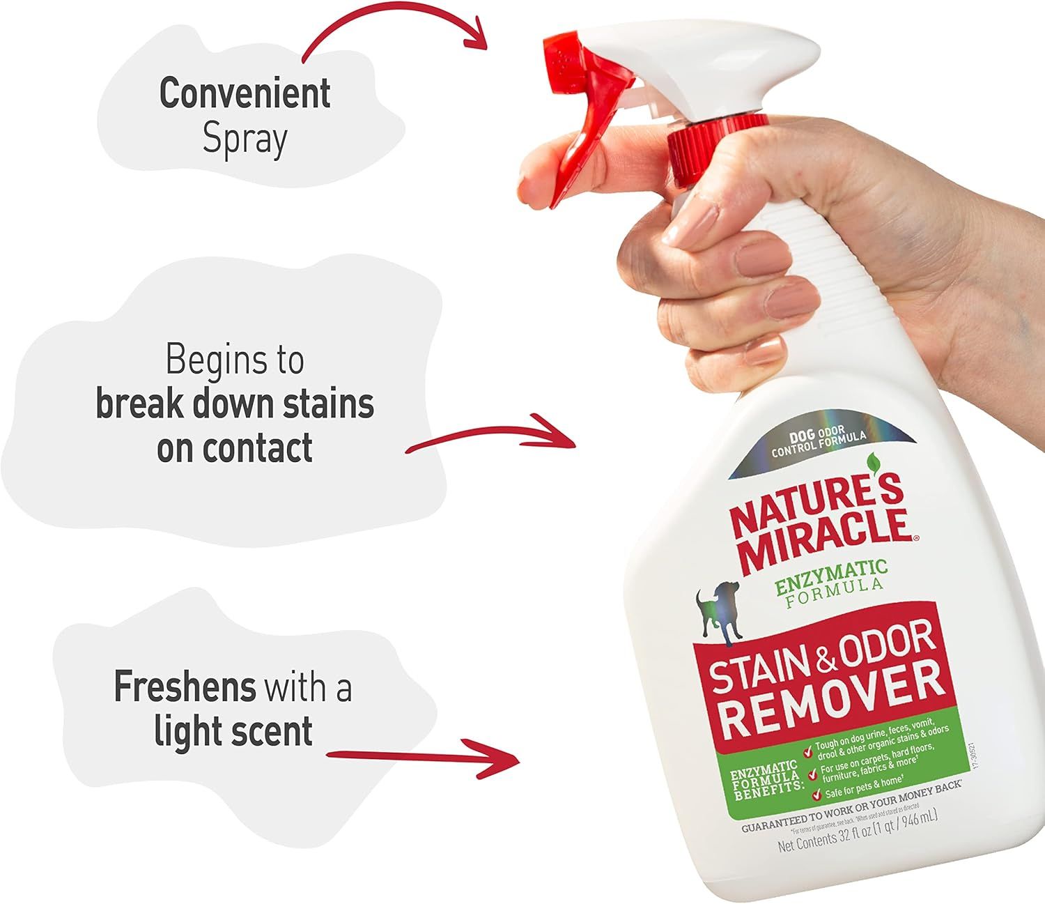 Communicates multiple benefits of the product in a segmented layout: convenient spray application, effective stain breakdown on contact, and freshening with a light scent to reassure shoppers of…