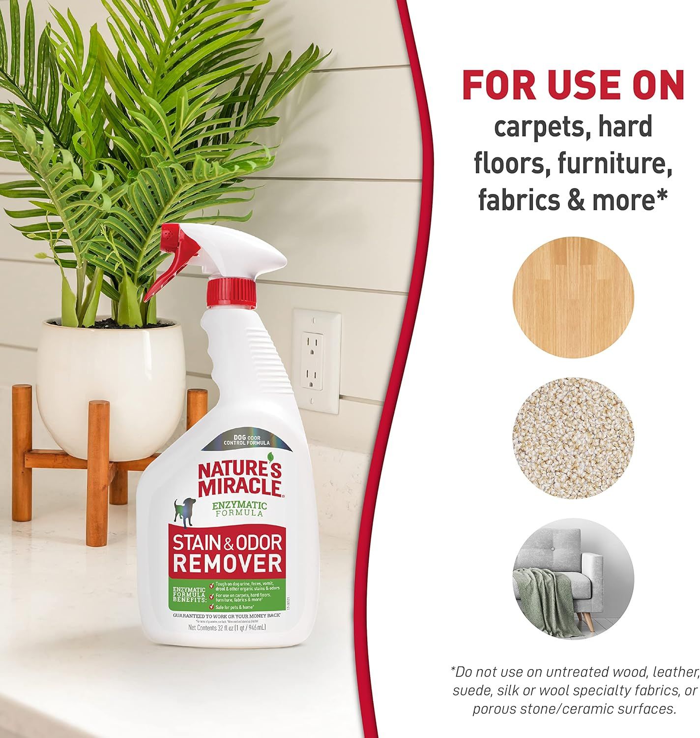 Demonstrates the multiple surfaces and environments where the stain and odor remover can be used, reassuring shoppers of its versatility across carpets, hardwood, furniture, and fabrics.