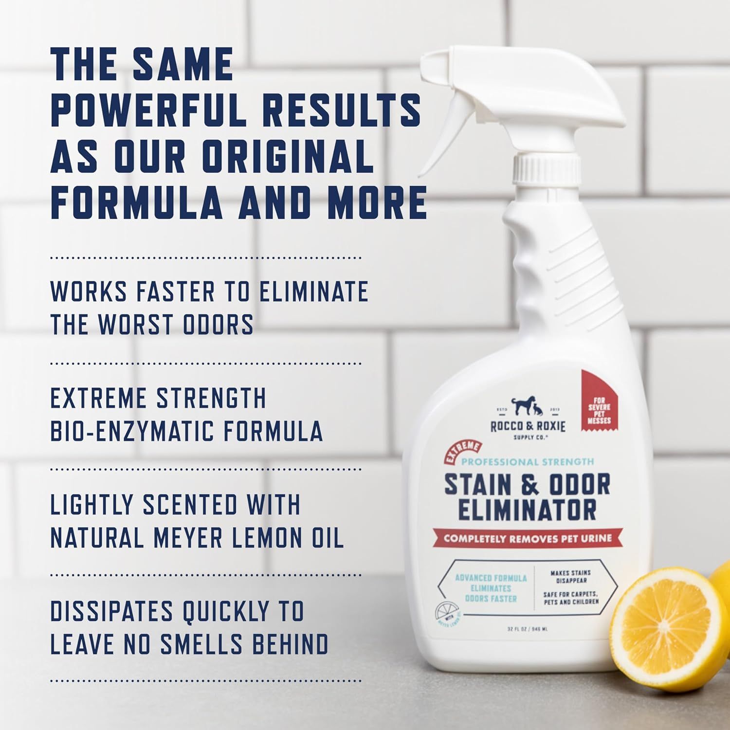 Communicates multiple key benefits of the stain and odor eliminator in a segmented layout, emphasizing its effectiveness, speed, strength, natural ingredients, and no-residue formula to reassure pet…