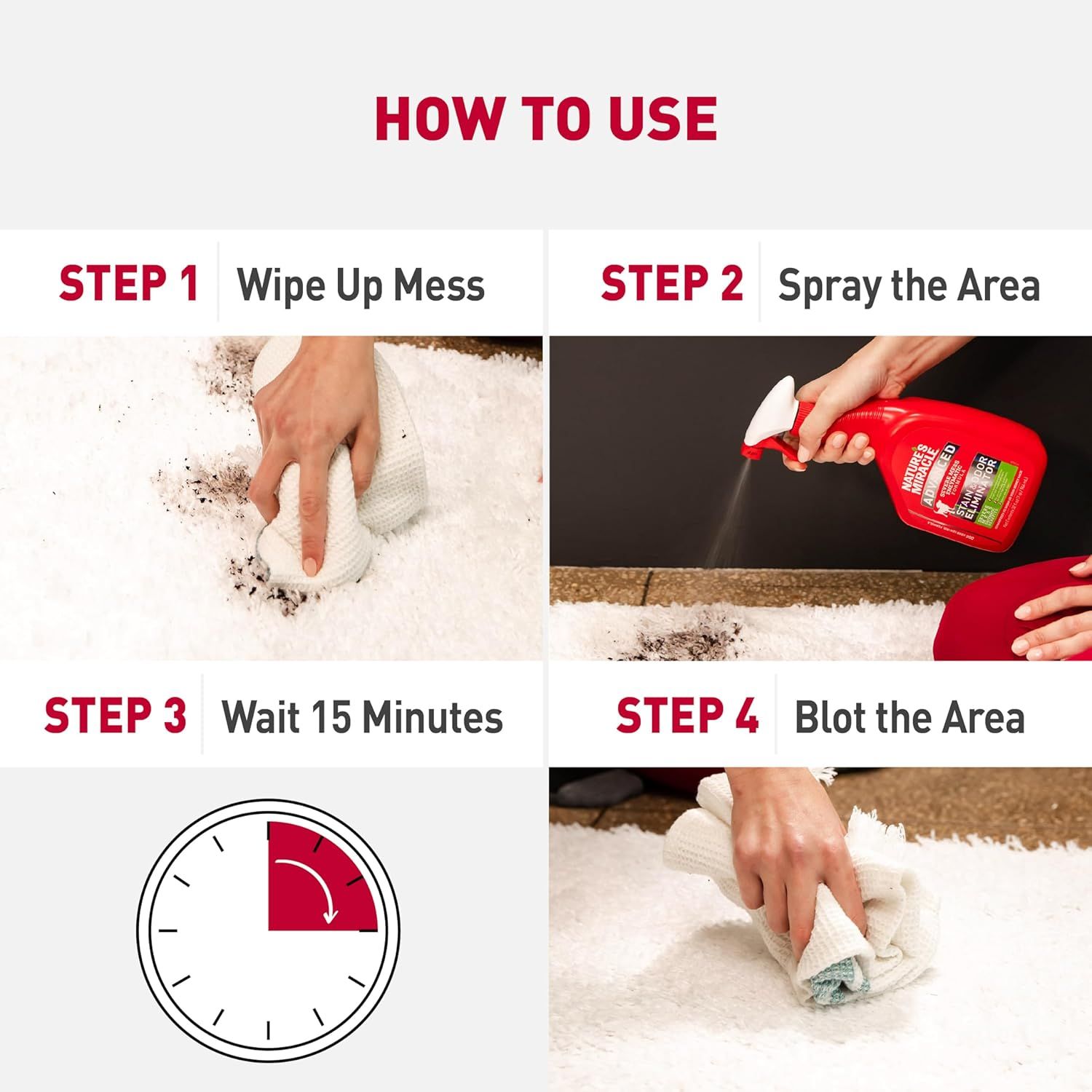 Provides clear, sequential instructions on how to use the cleaning product effectively, showing the user exactly what to do from wiping up the mess to blotting the area after waiting.
