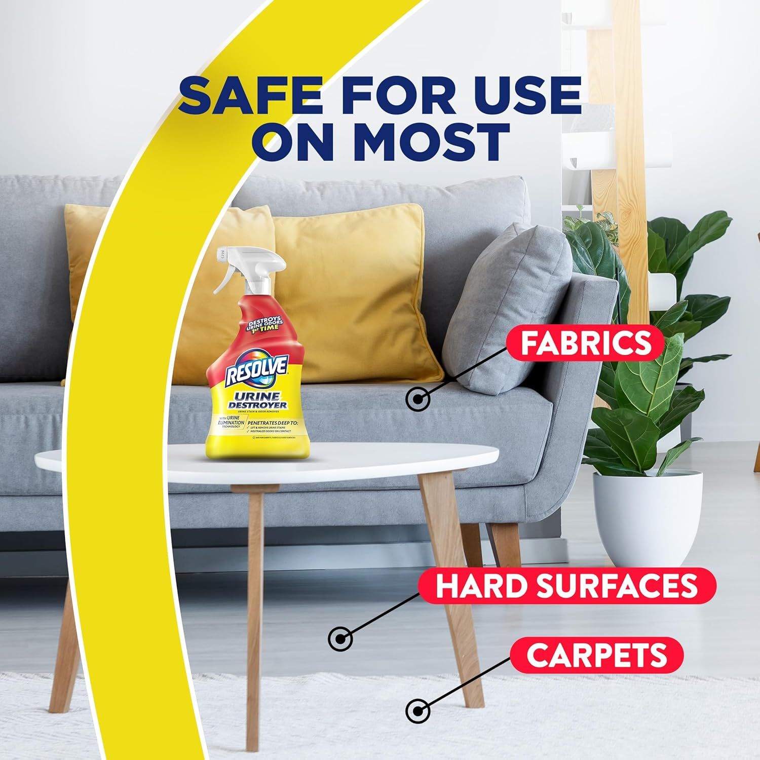 Demonstrates that the product is versatile and safe to use on multiple household surfaces including fabrics, hard surfaces, and carpets, reassuring shoppers of its broad applicability.