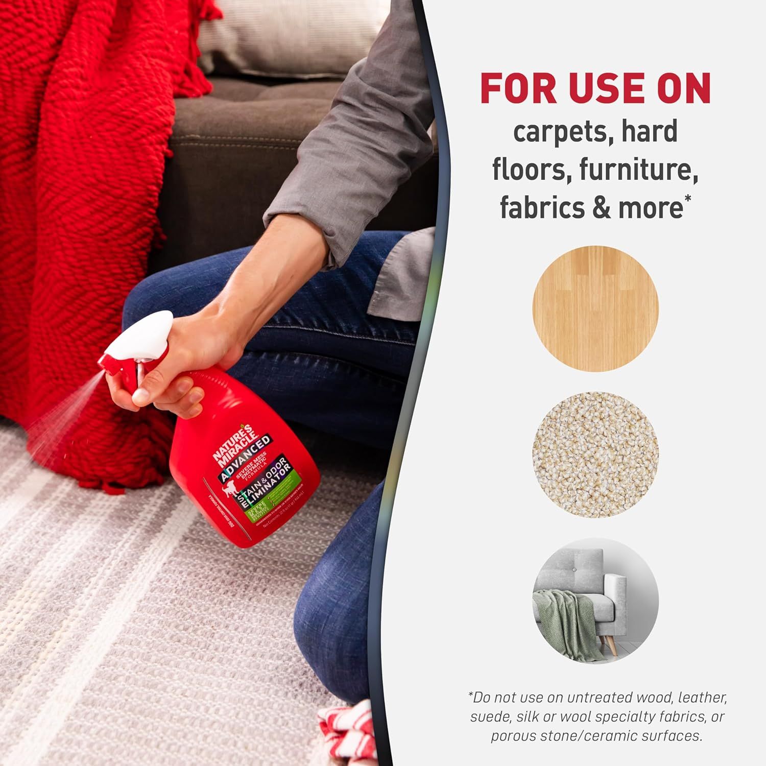 Demonstrates the product's versatility by showing multiple surfaces and materials it can be used on, reassuring shoppers that it works across carpets, hard floors, furniture, and fabrics.