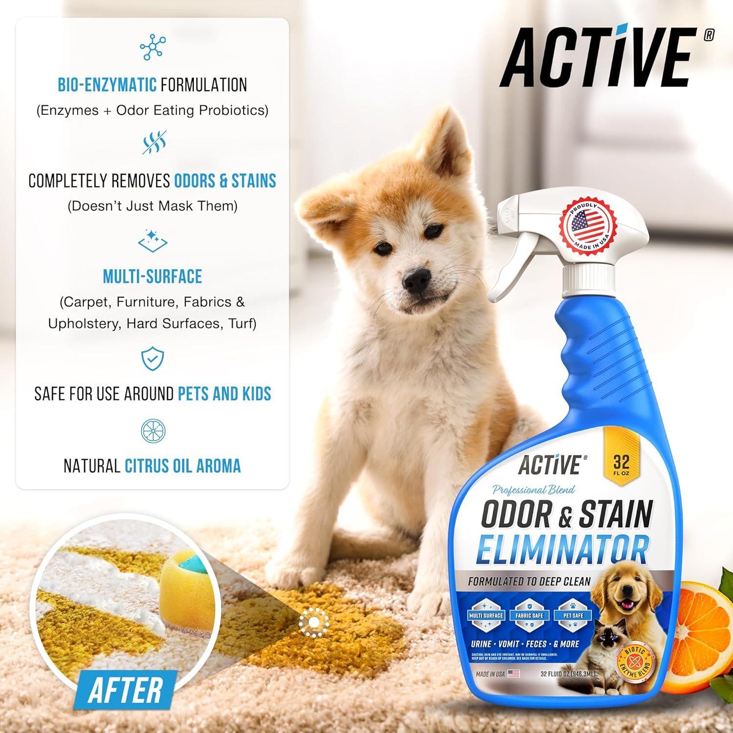 Communicates multiple key benefits of the pet odor and stain eliminator in a segmented layout, reassuring shoppers that the product is effective, safe, versatile, and uses natural ingredients.