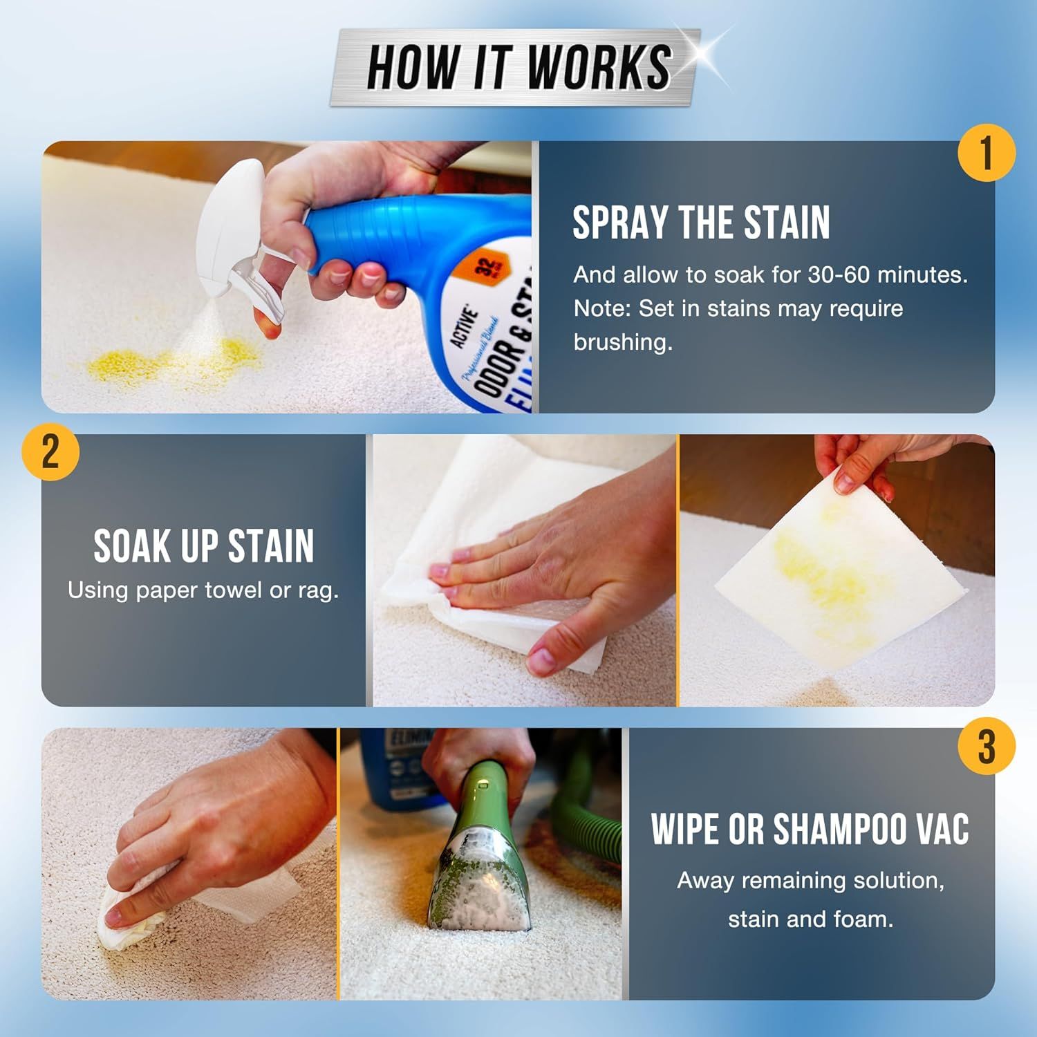Provides clear step-by-step instructions on how to use the stain removal product, reassuring shoppers that the process is simple and effective.