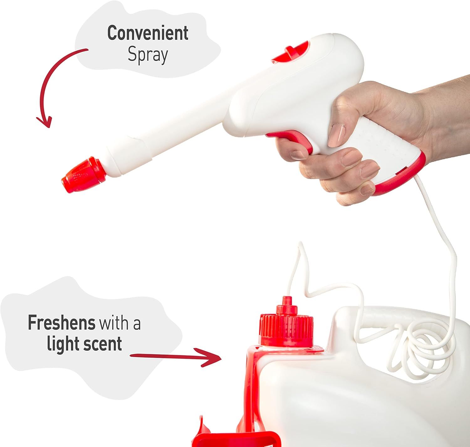 Communicates two distinct product benefits: the convenience of the spray application mechanism and the freshening capability with a light scent.