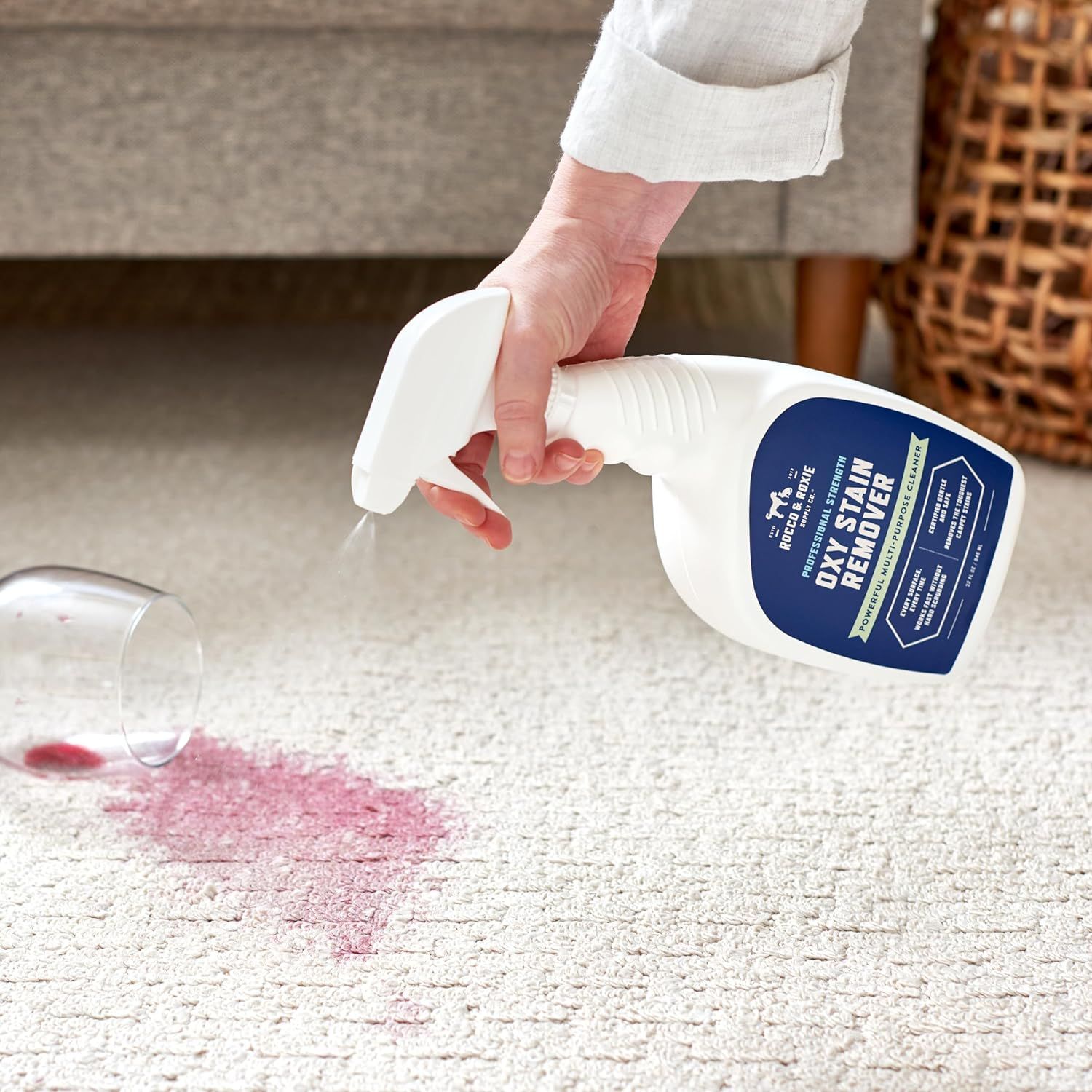 Demonstrates the product's effectiveness in removing tough stains from carpets, showing a real-world use case to reassure shoppers of its cleaning power. Highlights the product's primary benefit of…