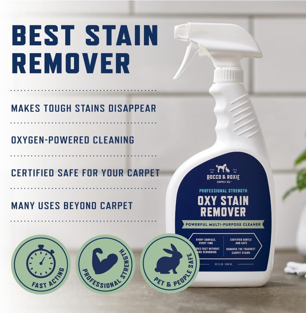 Communicates multiple key benefits of the stain remover in a segmented layout, highlighting its effectiveness, safety, versatility, and speed to reassure shoppers this is a comprehensive cleaning…
