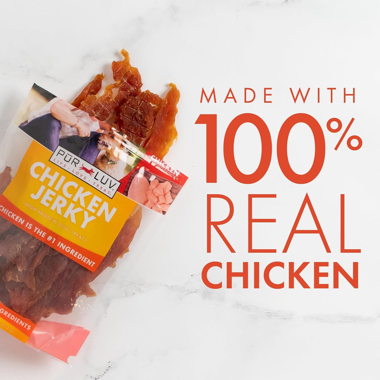 Communicates the product's primary ingredient quality claim—that the chicken jerky dog treats are made with 100% real chicken—to reassure pet owners about ingredient transparency and quality.