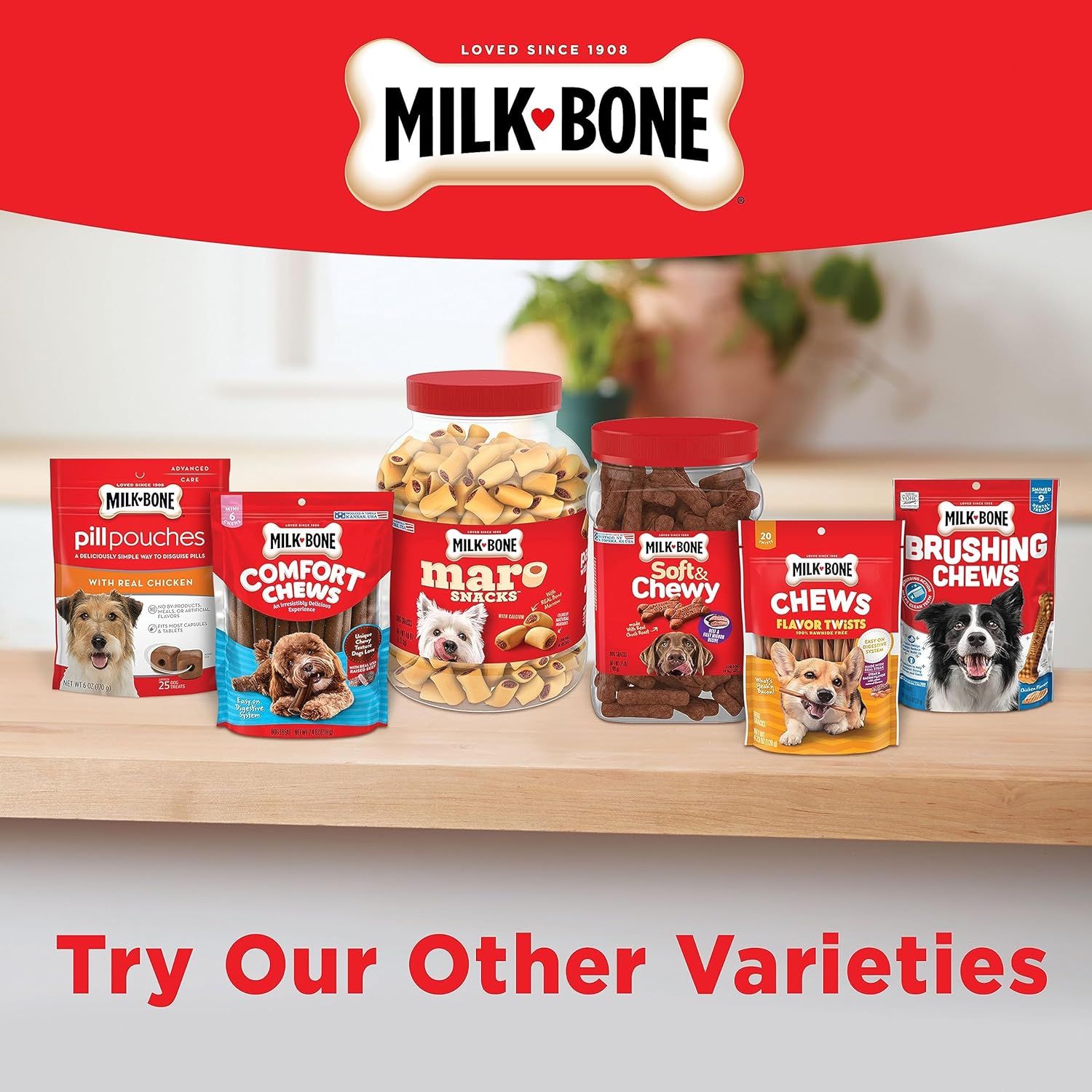 Showcases the Milk-Bone brand's full product portfolio to encourage shoppers to explore other varieties and reinforce brand trust through heritage messaging.