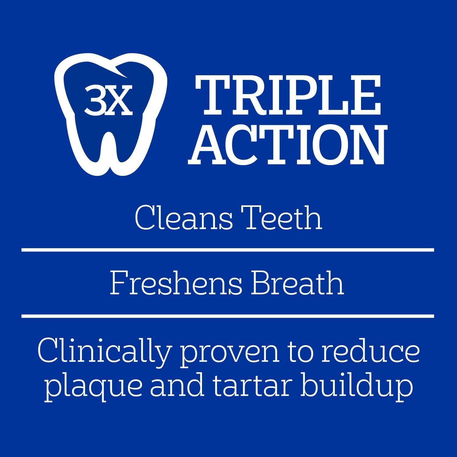 Communicates the three distinct benefits of the product (cleaning, freshening, and plaque/tartar reduction) to reassure shoppers of its comprehensive oral care effectiveness.