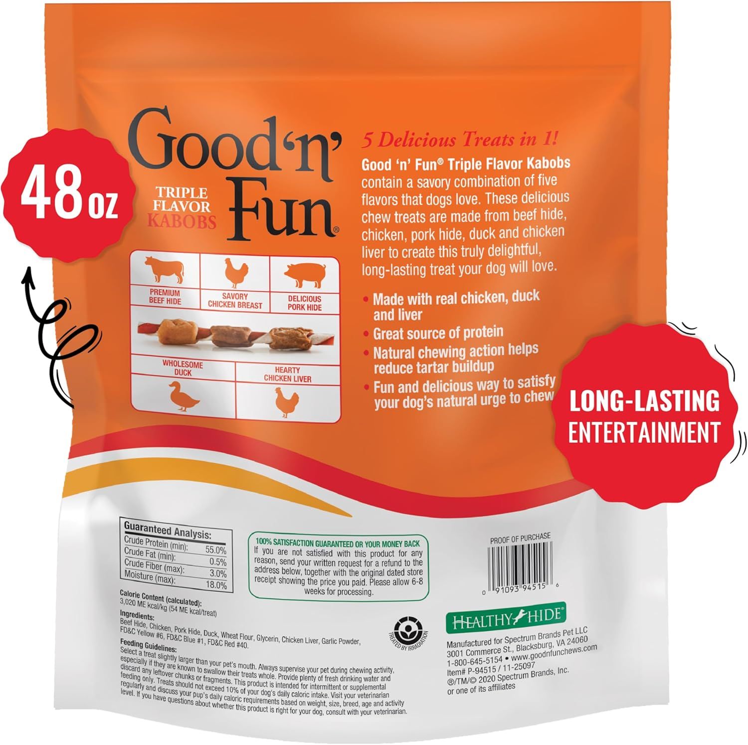 Communicates multiple distinct benefits of the dog treat product including flavor variety, ingredient quality, protein content, dental health benefits, and entertainment value to convince shoppers…