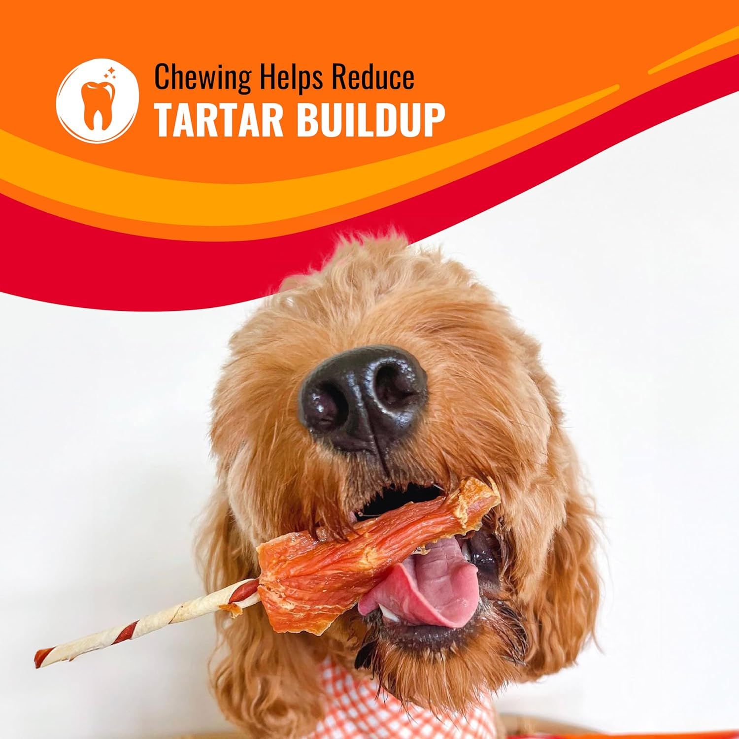 Communicates that chewing the product helps reduce tartar buildup on dogs' teeth, reassuring pet owners about dental health benefits.
