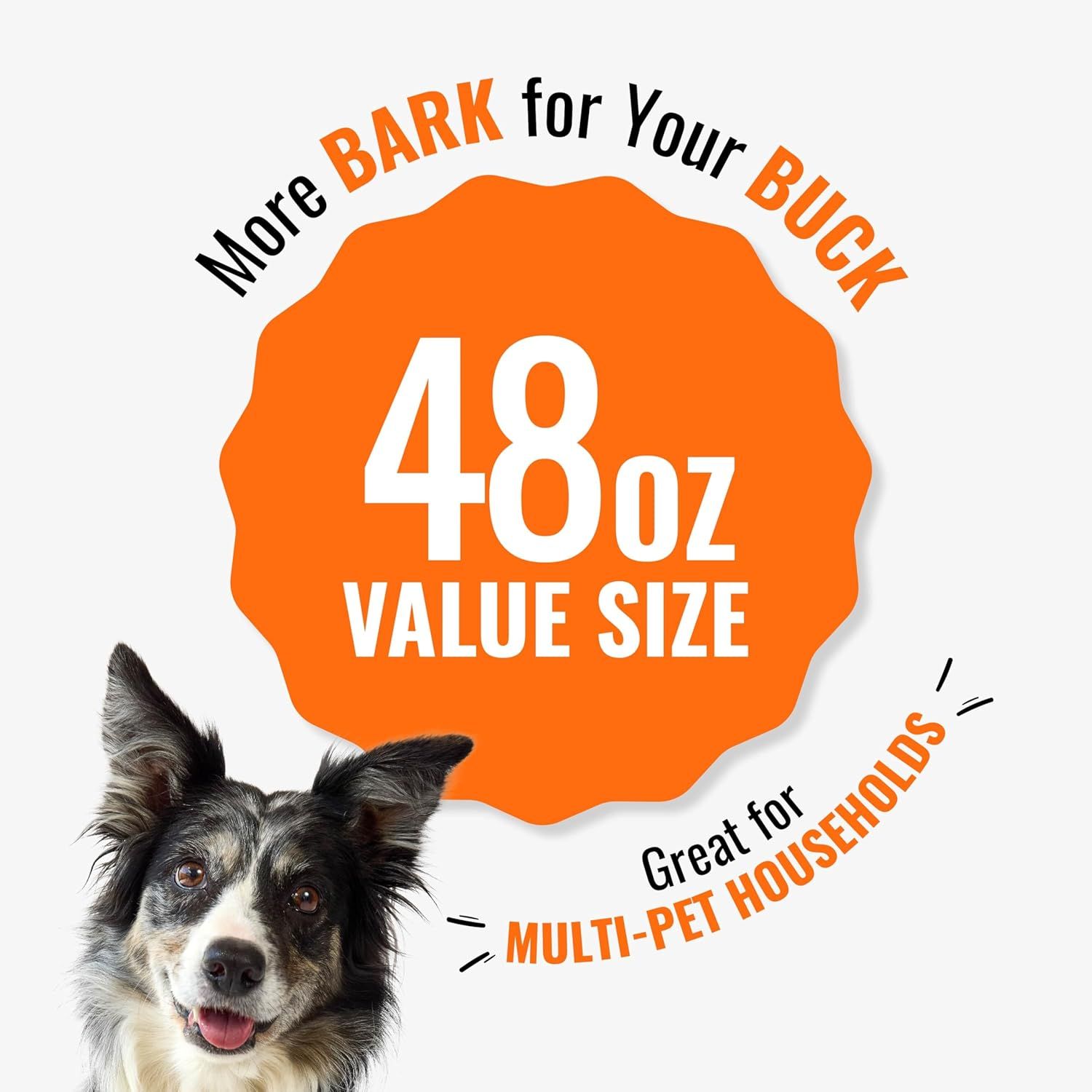 Highlights the large 48oz capacity to communicate value and cost-effectiveness for multi-pet households. Emphasizes the product's large size and value proposition, reassuring shoppers they're…