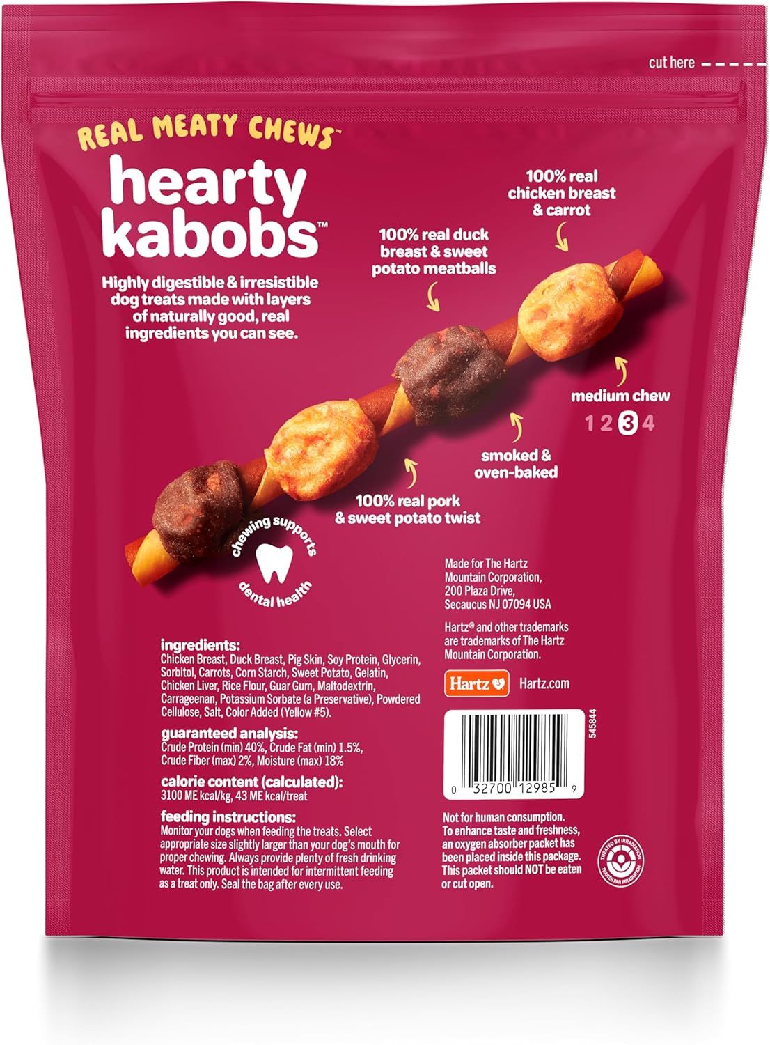 This image breaks down the kabob treat by pointing to each physical component layer (chicken breast & carrot, duck meatball, pork & sweet potato twist) to show shoppers the real, visible ingredients…