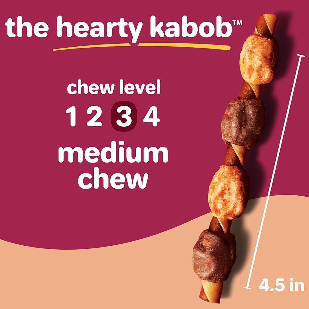 Communicates the physical size of the kabob (4.5 inches) to help shoppers understand the product dimensions and portion size. Highlights the chew level (medium) to help pet owners select the…