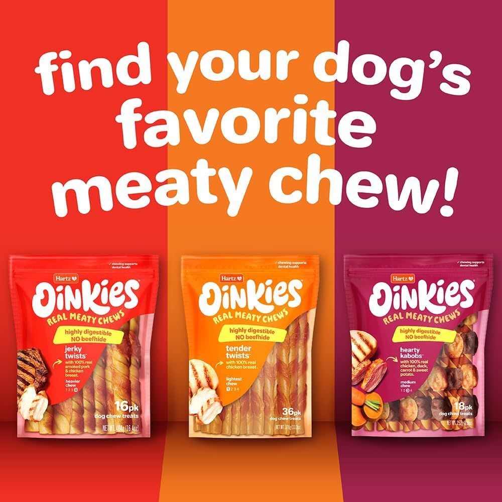 Showcases the brand's product line of three different meaty chew varieties to help shoppers choose their dog's favorite flavor option.