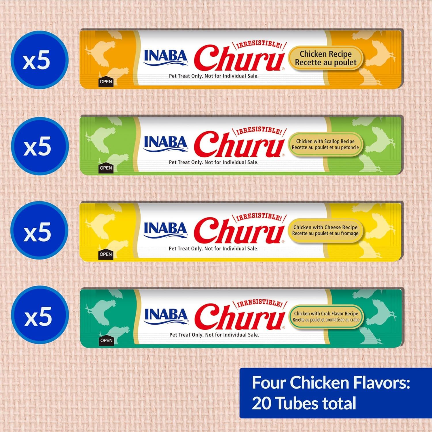Displays the brand's product lineup showing four different chicken flavor variants available, helping shoppers understand the variety options within the Inaba Churu pet treat line.