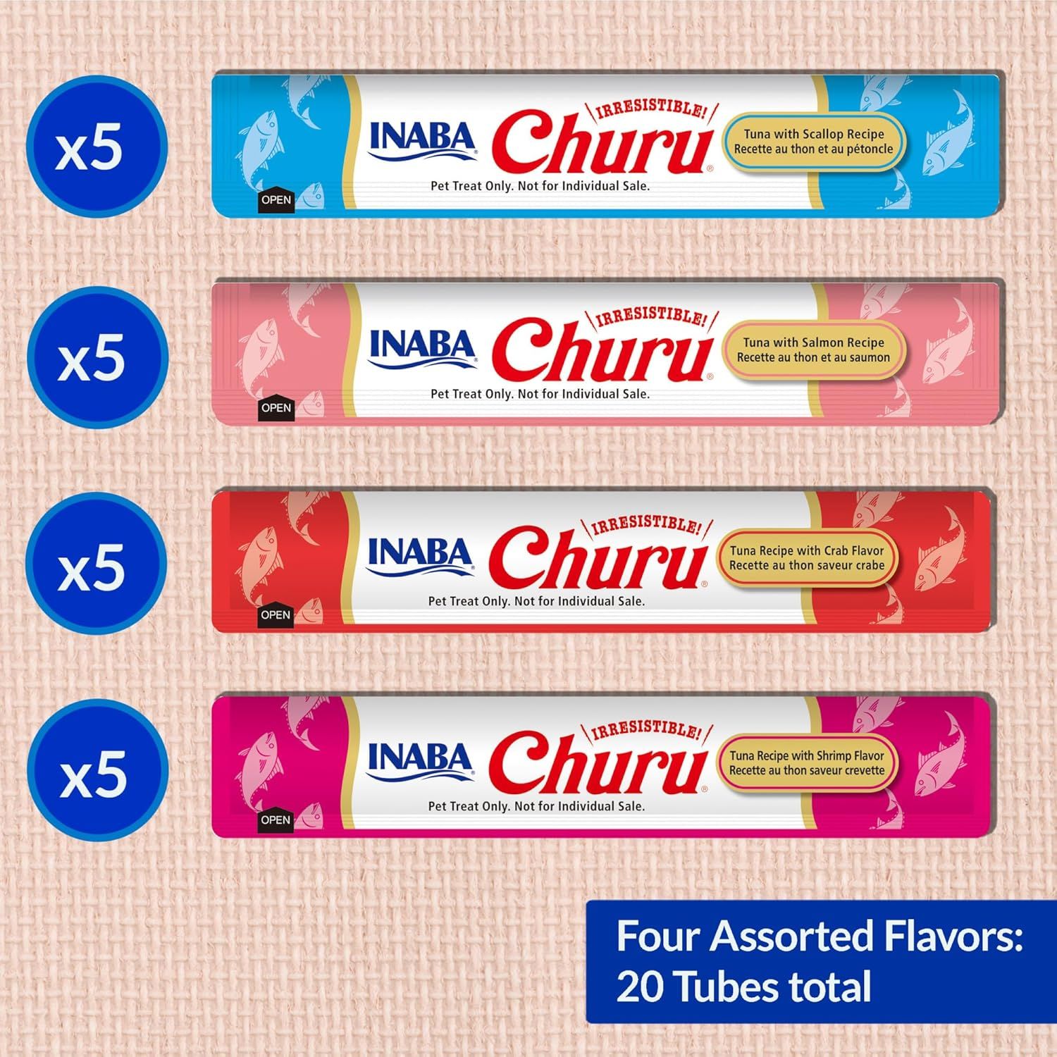 Displays the brand's product lineup showing four different flavor variants (Scallop, Salmon, Crab, Shrimp) to help shoppers understand the variety available and choose their preferred option.