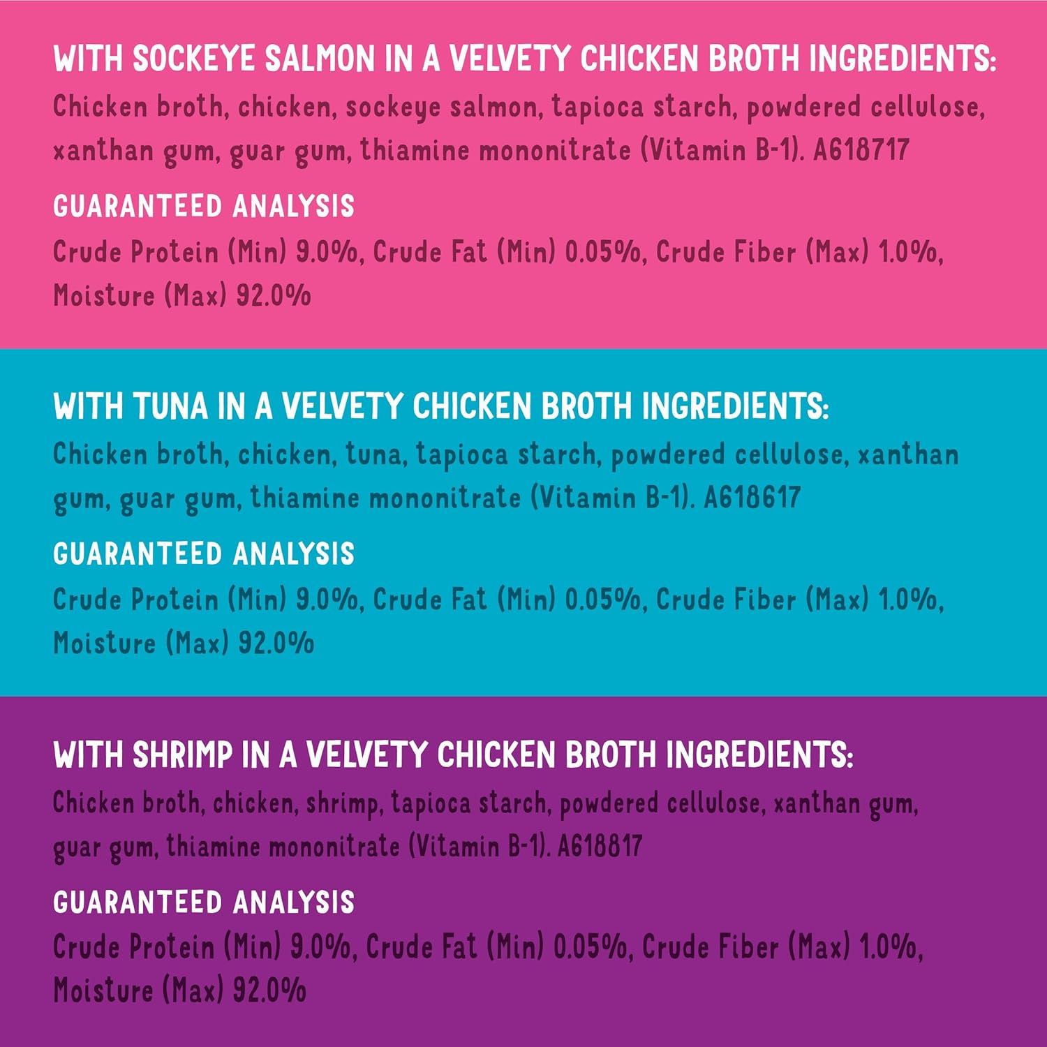 Displays the brand's product line by showing three different flavor variants (Sockeye Salmon, Tuna, and Shrimp) with their ingredients and guaranteed analysis, helping shoppers choose between options.