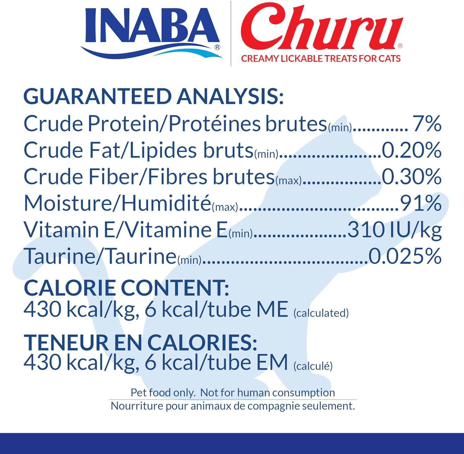 Communicates the brand's transparency and quality by displaying detailed nutritional analysis and calorie content, reassuring pet owners about the product's composition and safety for their cats.