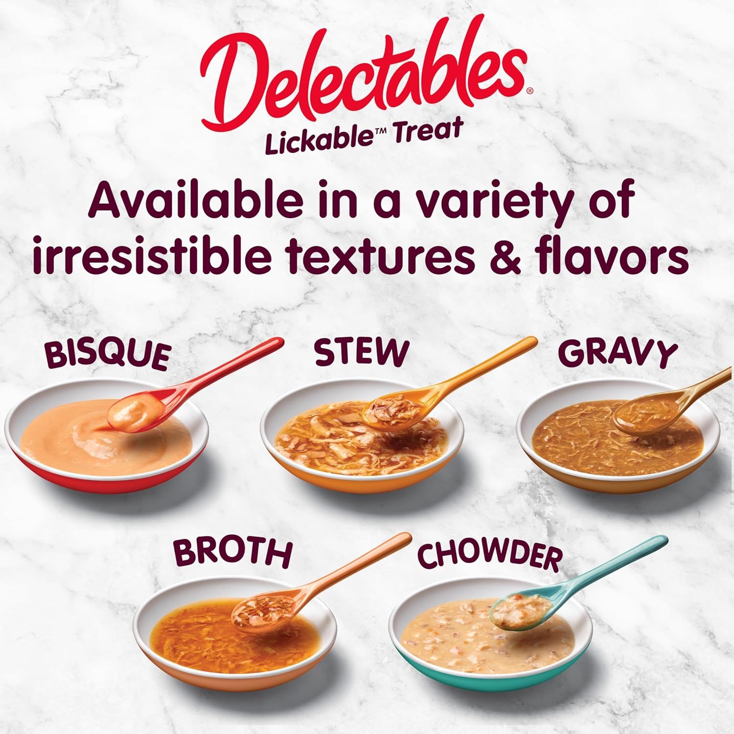 Showcases the Delectables Lickable Treat product line by displaying the five different texture and flavor varieties available (Bisque, Stew, Gravy, Broth, Chowder) to help shoppers understand the…