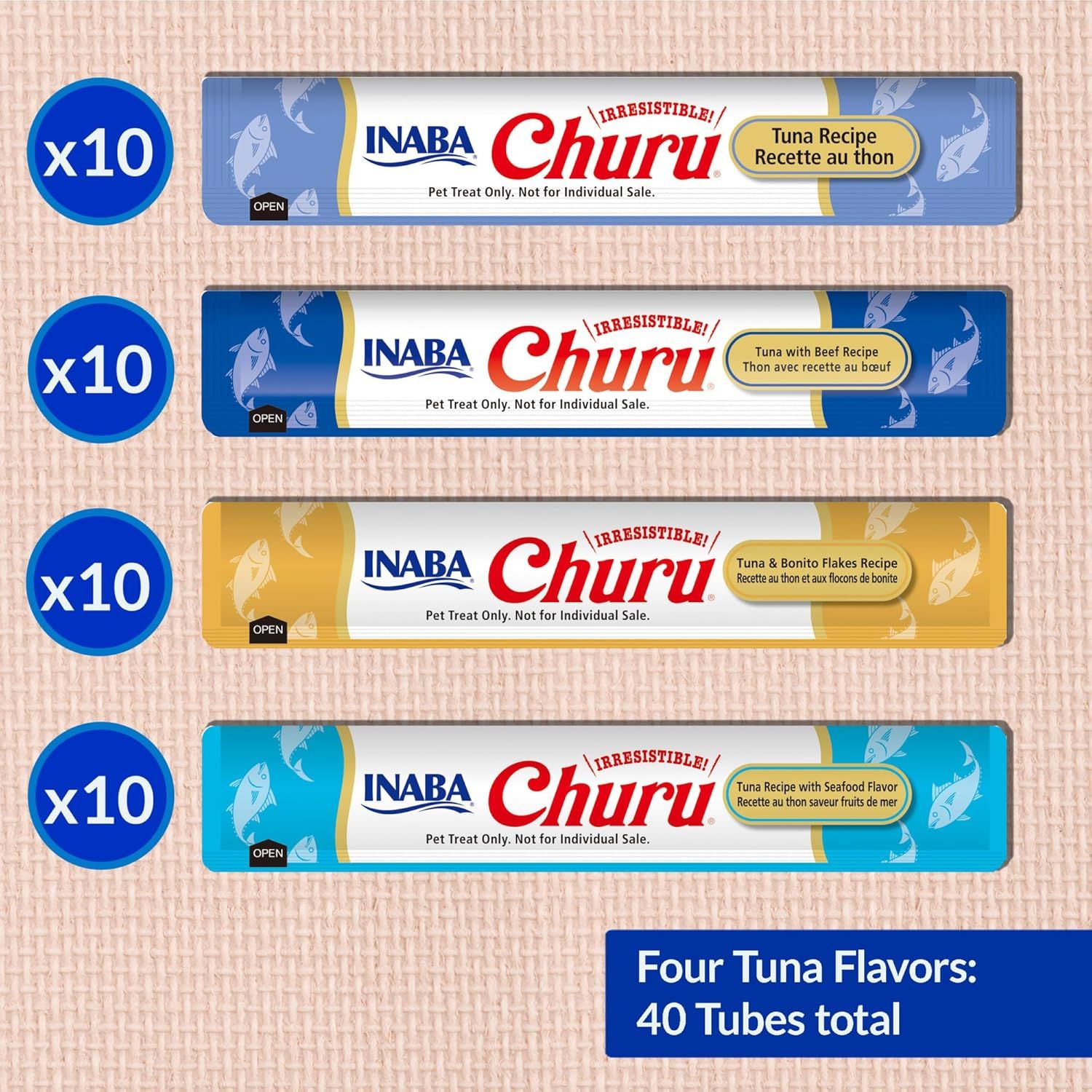 Displays the brand's product portfolio of four different tuna flavor varieties to help shoppers understand the variety pack contents and choose the right option for their pet.