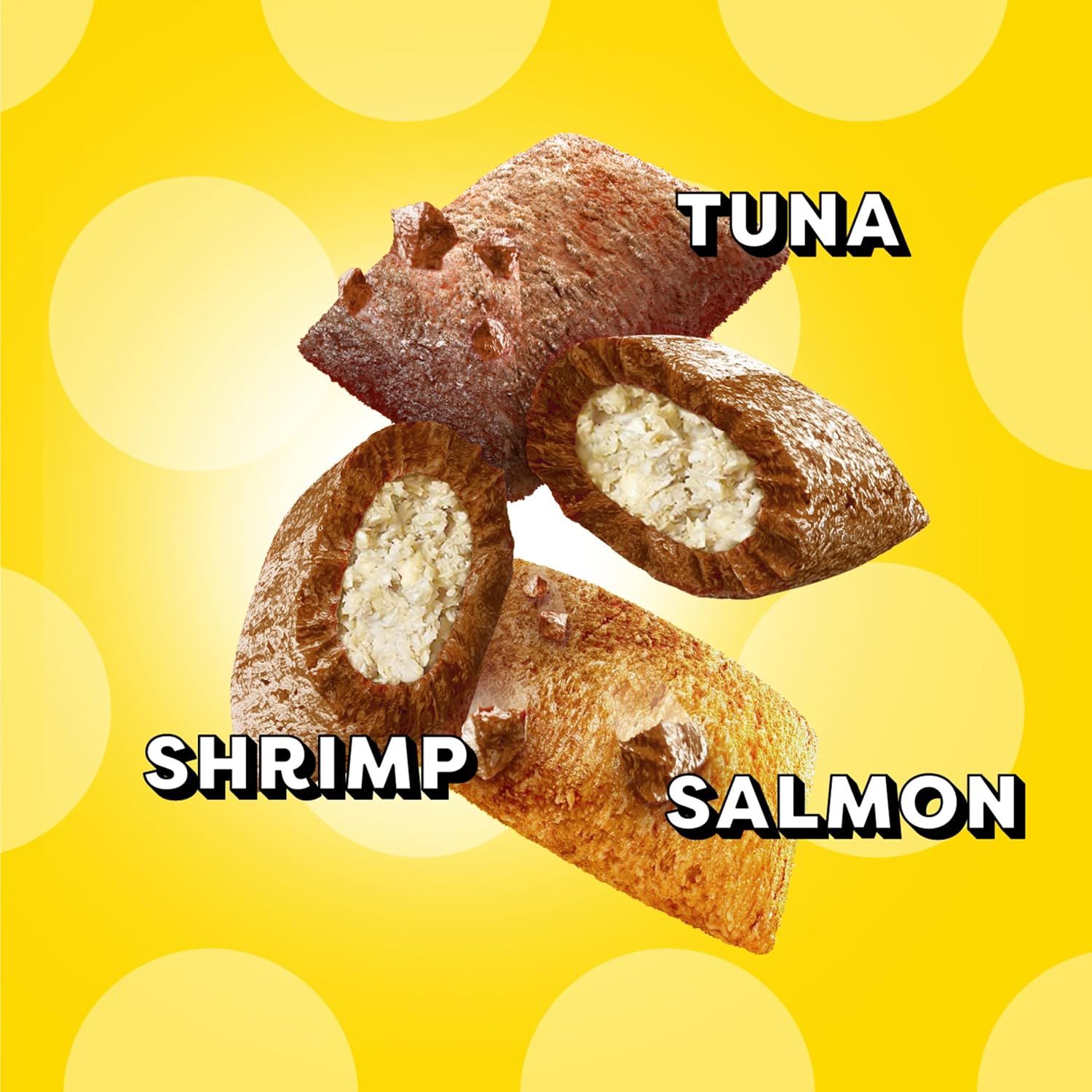 Showcases the different flavor options available in the product line (Tuna, Shrimp, Salmon) to help shoppers understand the variety and choose their preferred option.