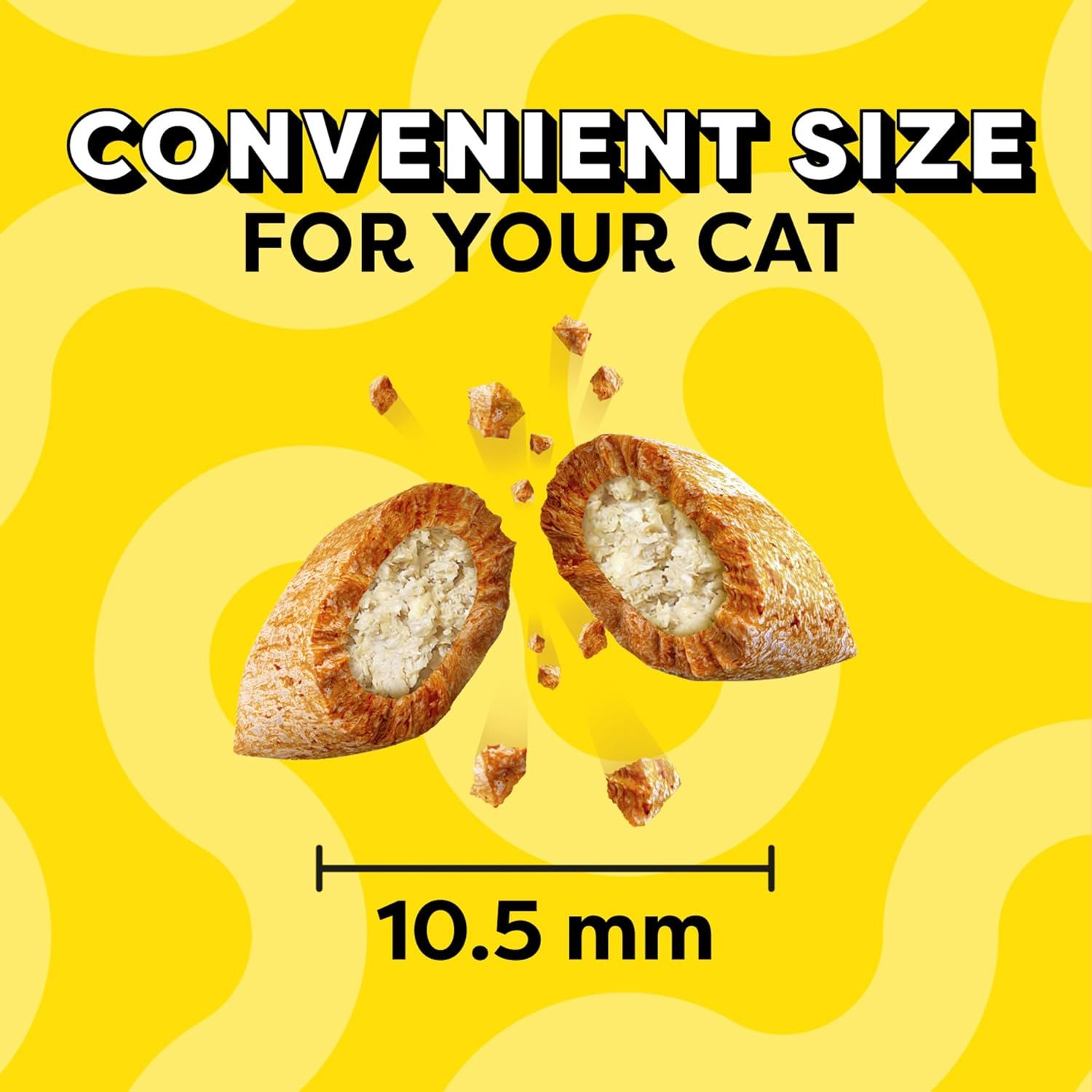 Communicates the exact physical size of the cat food product (10.5 mm) to reassure shoppers that it is appropriately sized for their cat to eat comfortably. Highlights the benefit that the product…