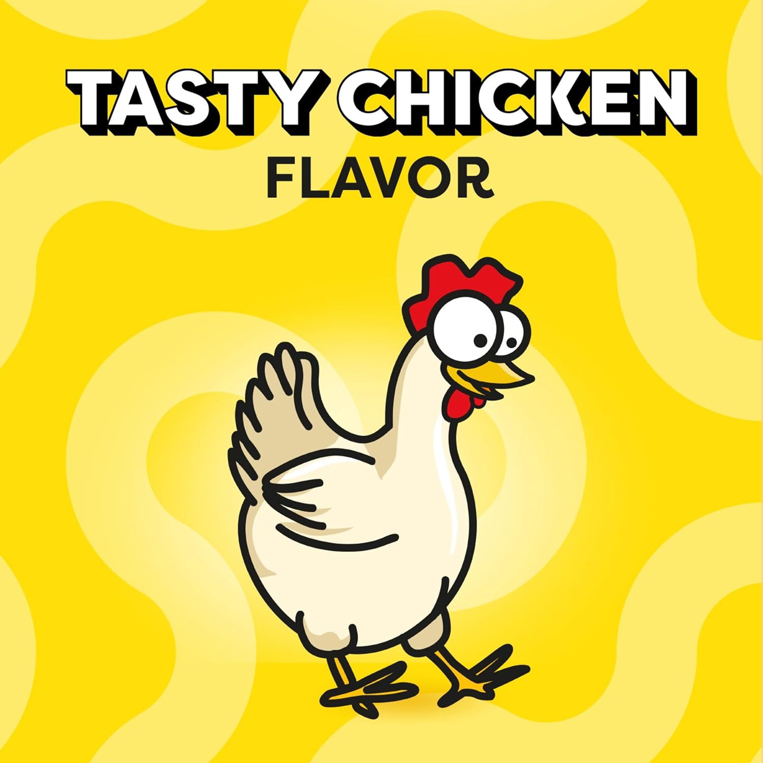 Communicates the flavor profile of the product in a simple, eye-catching way to help shoppers quickly identify this as a chicken-flavored option.