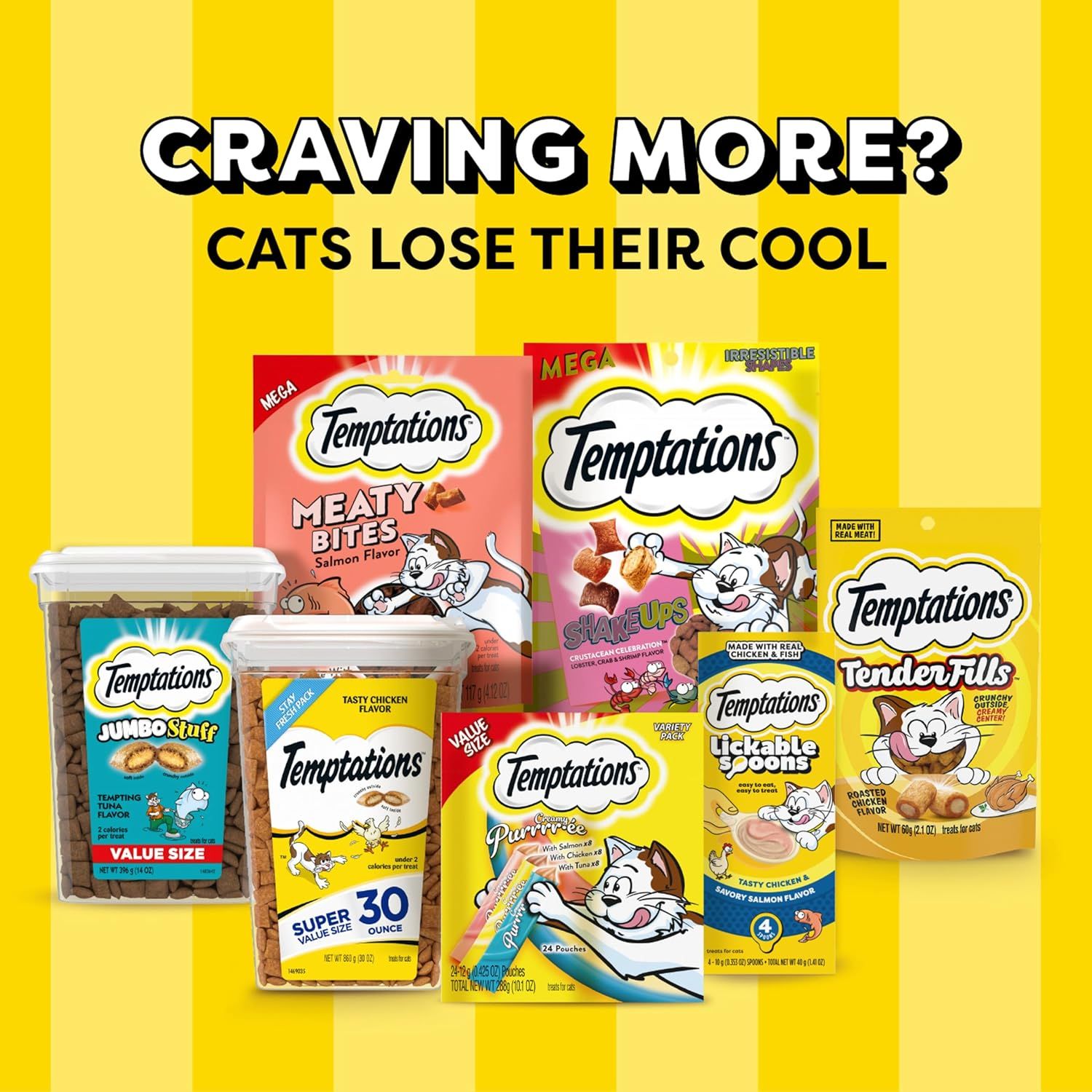 Showcases the full Temptations product portfolio to help shoppers understand the range of flavors and formats available, encouraging them to explore multiple options for their cats.