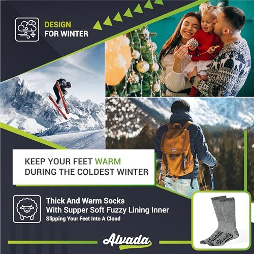 Communicates multiple benefits of the socks including winter-specific design, warmth retention, thick construction, and comfort through a visually segmented layout with lifestyle imagery and product…