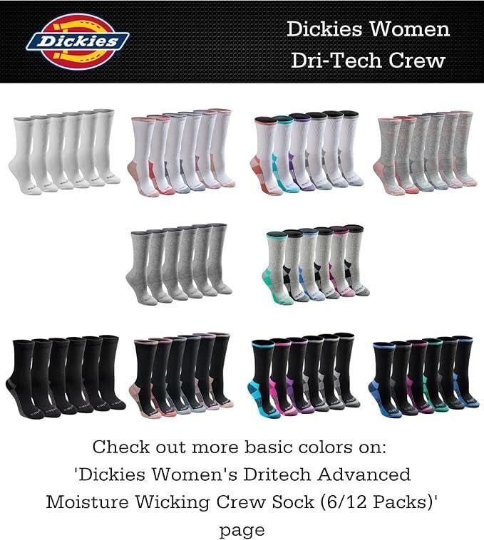 Displays the full range of color options and pack configurations available in the Dickies Women's Dri-Tech Crew sock line to help shoppers choose their preferred style and color combination.