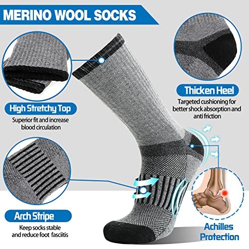 This image breaks down the physical construction zones of the merino wool sock, highlighting specific areas (toe, heel, arch, achilles) and their functional design to help shoppers understand the…