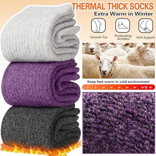 Communicates multiple distinct benefits of the thermal socks including warmth, comfort features, and protective design elements to reassure shoppers of comprehensive cold-weather performance.