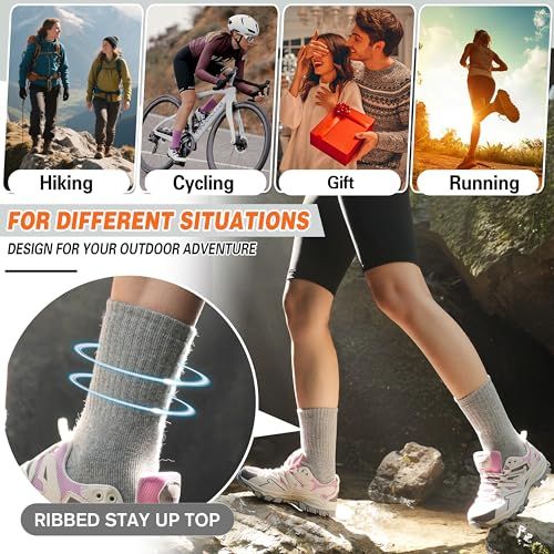 Demonstrates the versatility of the product (socks) across multiple outdoor activities and scenarios, showing shoppers that the product is suitable for various situations and occasions. Highlights…