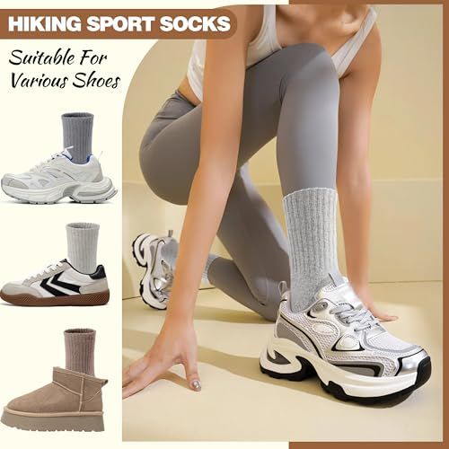 Demonstrates that the hiking sport socks are compatible with multiple types of footwear (sneakers, athletic shoes, boots), reassuring shoppers of the product's versatility across different shoe…