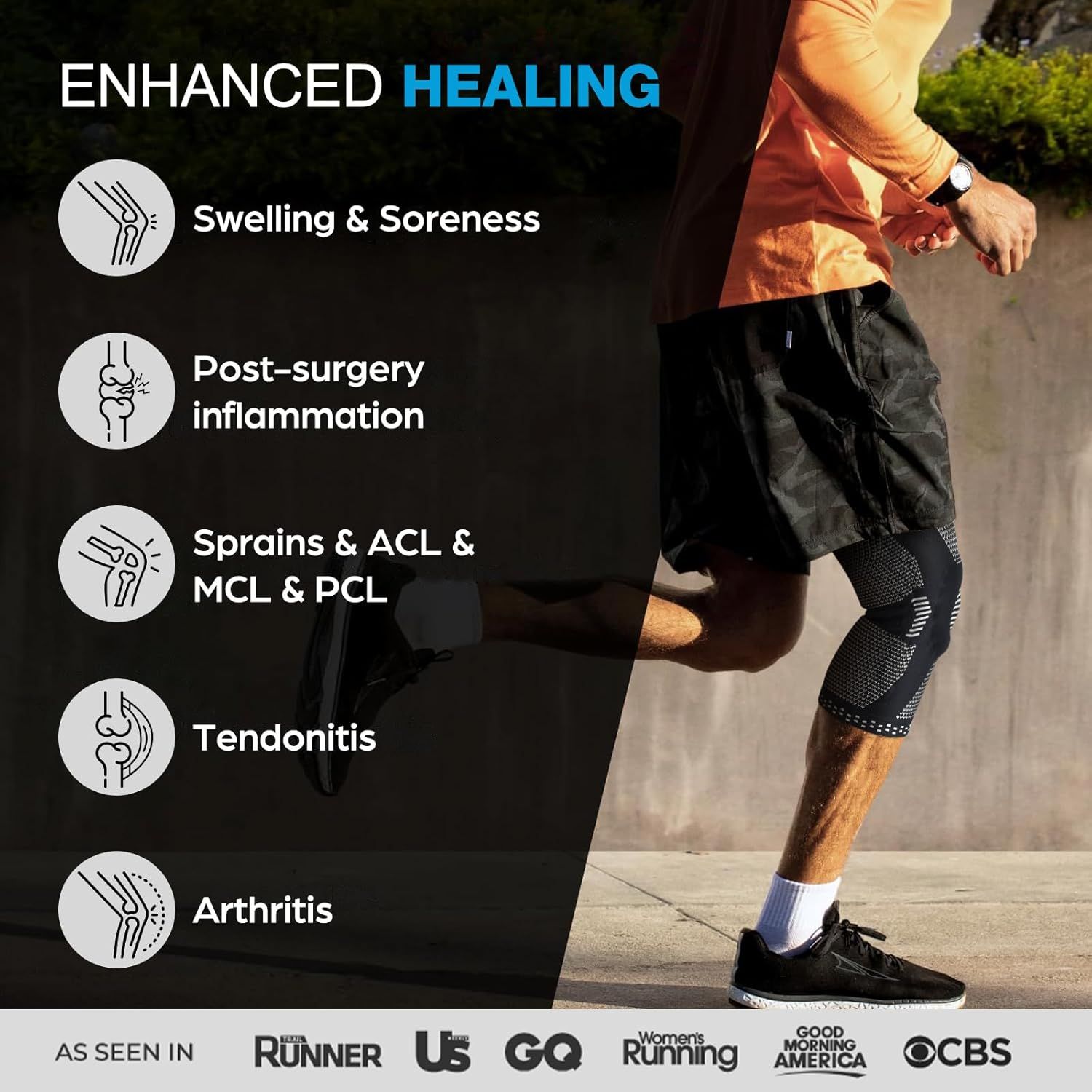 Communicates the knee brace's multiple therapeutic benefits across various conditions, reassuring shoppers that it addresses a wide range of joint and recovery needs. Builds credibility by showing…