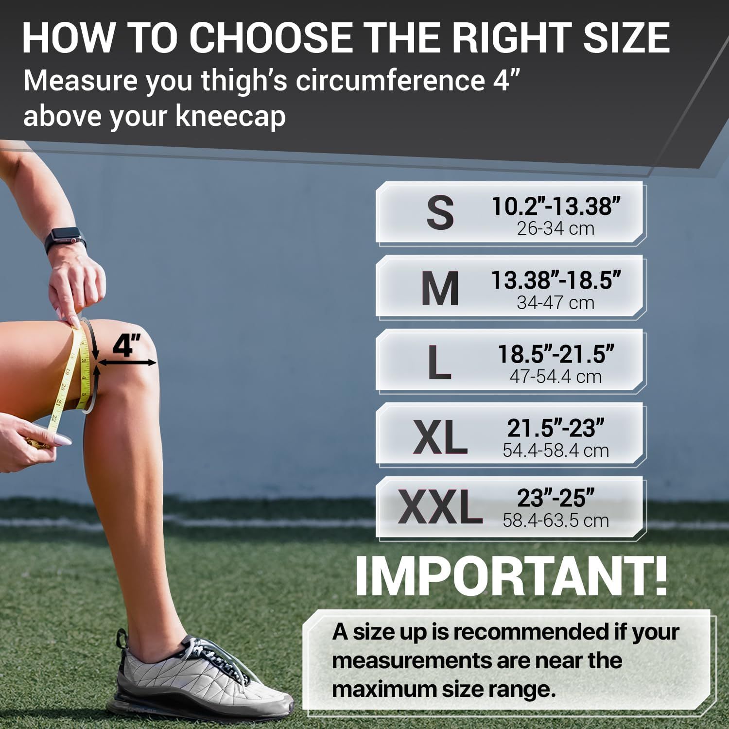 Helps shoppers determine the correct size for a knee/thigh product by providing clear measurement instructions and a comprehensive size chart with both imperial and metric measurements. Instructs…