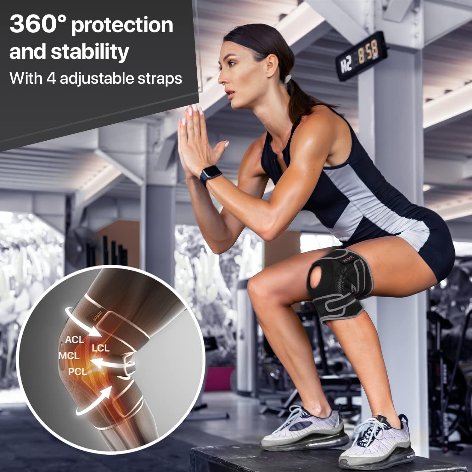 Demonstrates the knee brace's comprehensive support system by highlighting the physical components and ligament protection zones, reassuring shoppers of its stability and adjustability features.…