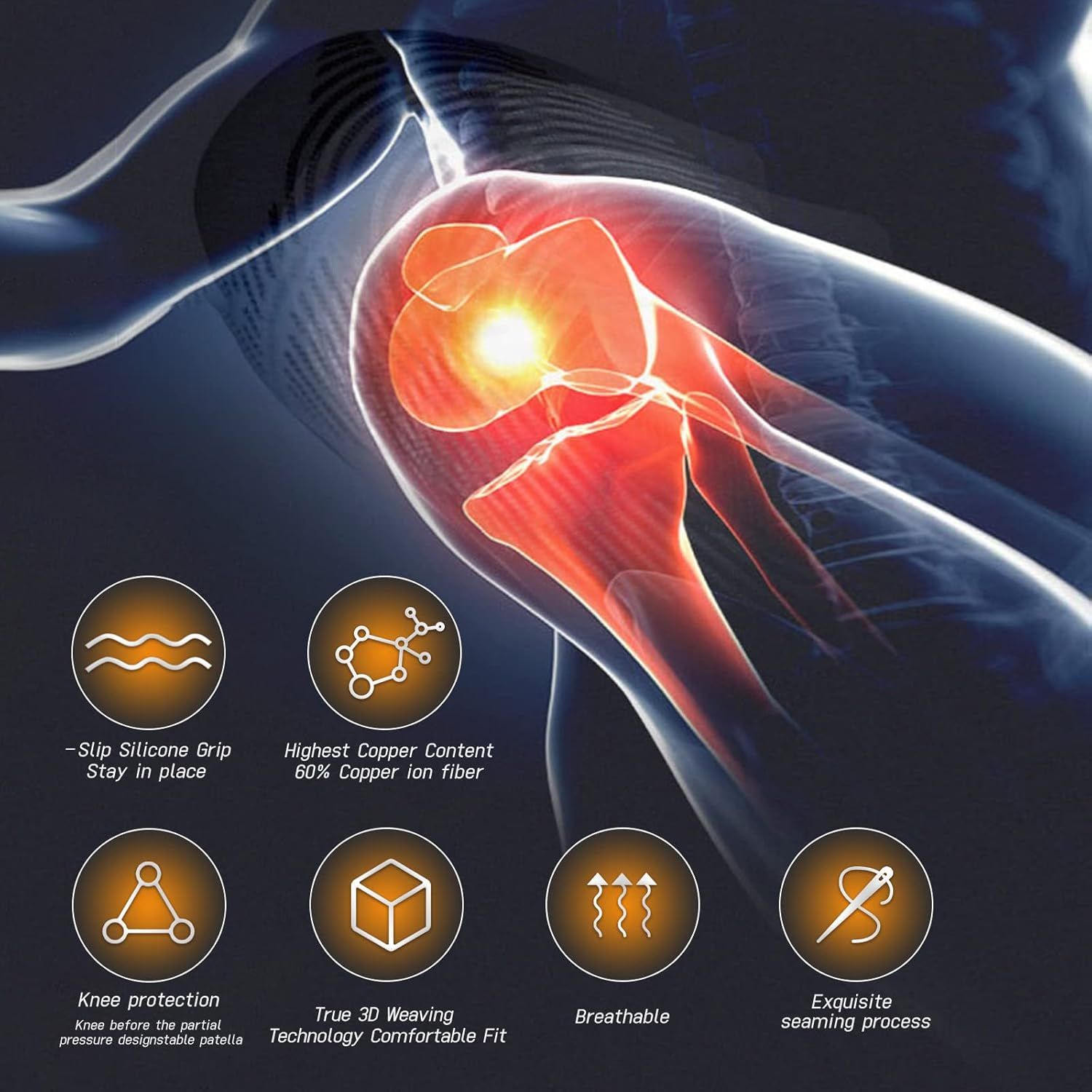 Communicates multiple distinct benefits of the knee support product through a segmented icon-based layout, highlighting material technology, fit, breathability, and construction quality to reassure…