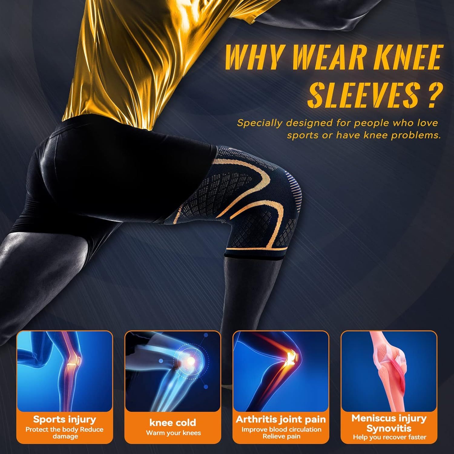 Communicates multiple distinct benefits of wearing knee sleeves, including injury protection, warmth, pain relief, and faster recovery, targeting both athletes and people with knee problems.