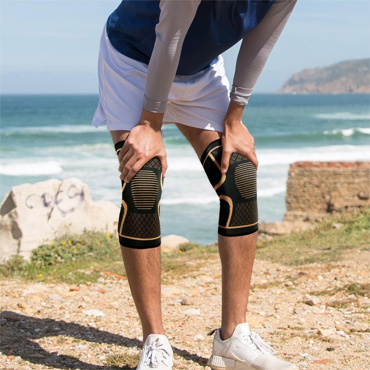 Demonstrates the product being worn in a real-world outdoor athletic setting to help shoppers visualize the knee sleeves in use during physical activity.