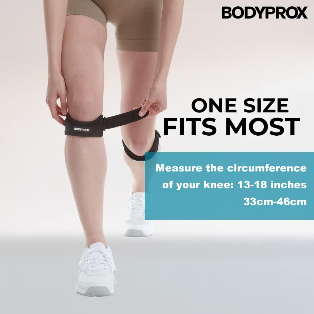 Communicates the adjustable fit range of the knee strap and provides specific measurement guidance (13-18 inches / 33-46cm) to help shoppers determine if the product will fit them.