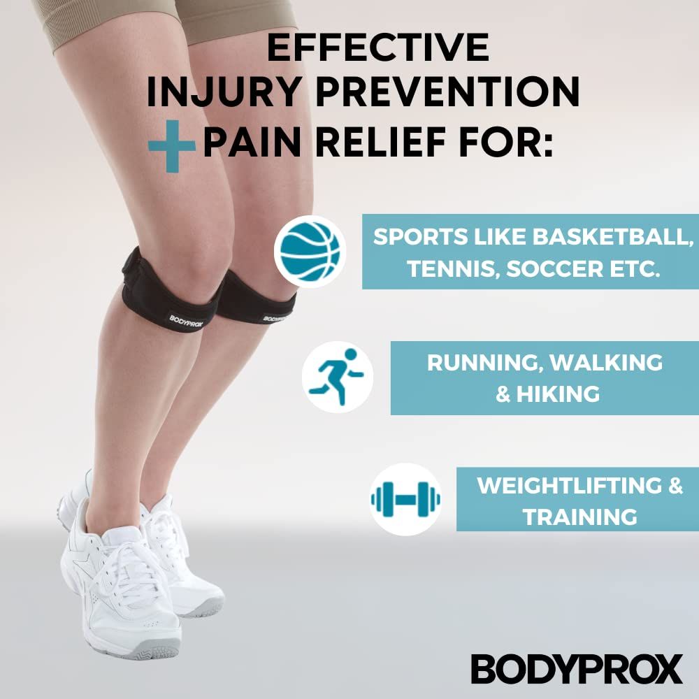 Demonstrates the versatility of the knee strap by showing it can be used across multiple sports and activities (basketball, tennis, soccer, running, walking, hiking, weightlifting), reassuring…