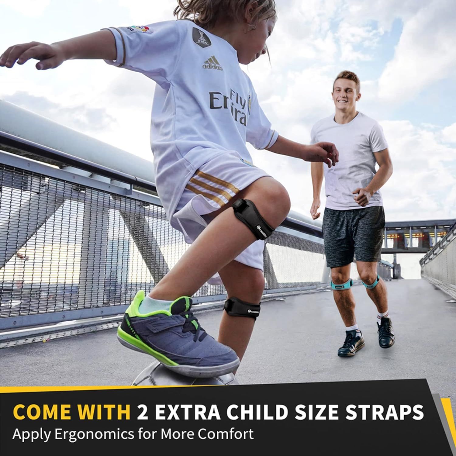 Communicates that the product comes with 2 extra child size straps and emphasizes ergonomic comfort, reassuring parents that the product is adjustable and suitable for children. Highlights the…