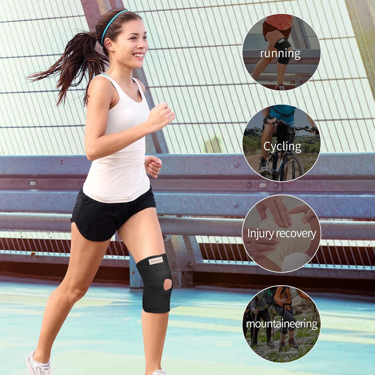 Demonstrates the versatility of the knee support product by showing it can be used across multiple athletic activities and injury recovery scenarios, reassuring shoppers of its broad applicability.