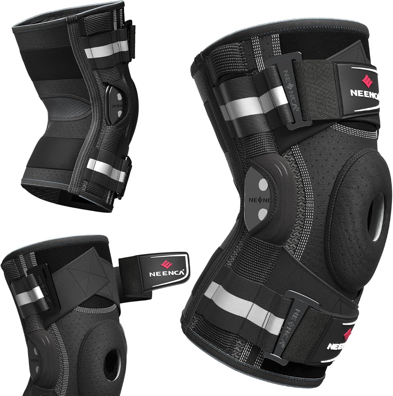 Highlights the physical components and structural features of the knee brace, showing the hinged support mechanism, adjustable straps, and protective padding to help shoppers understand the…
